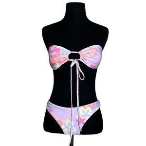 Amazon lilac pink yellow floral strapless top and bikini set size Junior Small